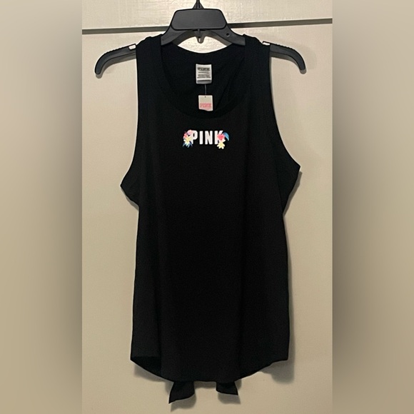 NWT PINK Victoria Secret Black Sleeveless Tank Top Split Back Size Small - Picture 1 of 8